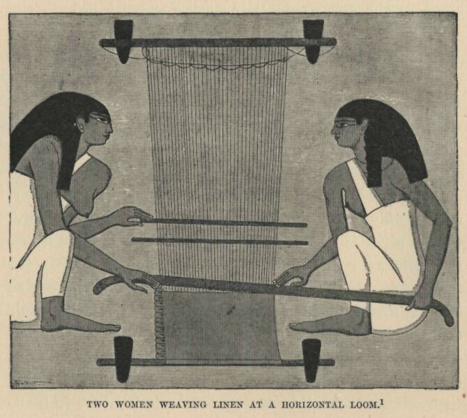 114.jpg Two Women Weaving Linen at a Horizantal Loom 
