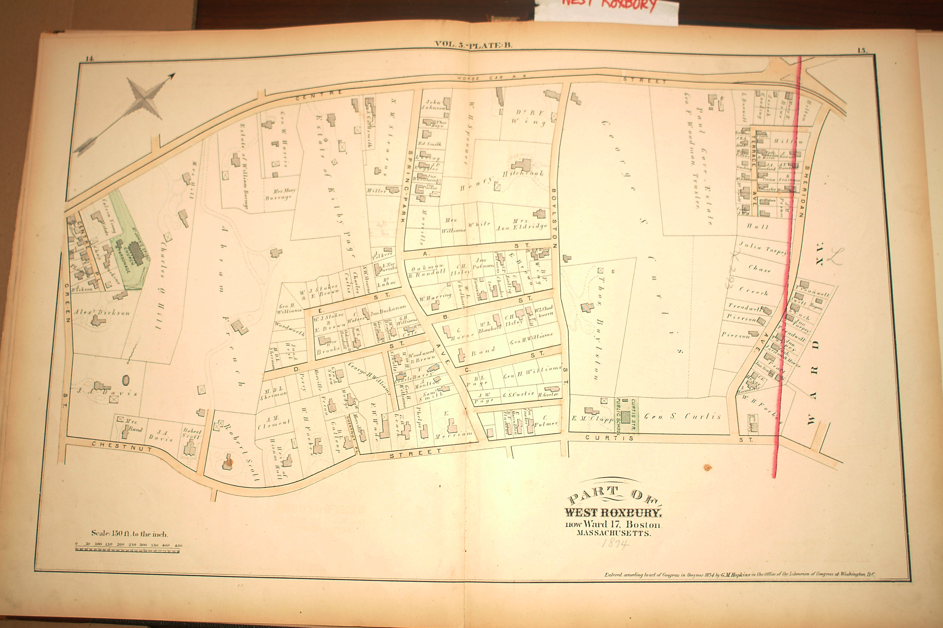 JAMAICA PLAIN SCHOOL COPY ATLAS MAP BOSTON 1896 W ROXBURY MA CHESTNUT AVE 